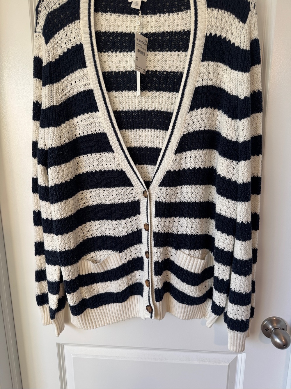 Caslon Navy & Cream Striped Button-Front Cardigan